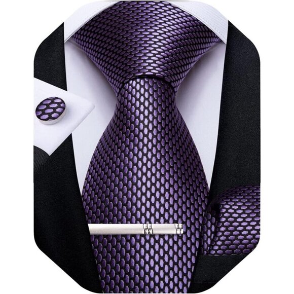 🆕Men Purple Plaid Silk Checkered Necktie Pocket Square Cufflinks Tie Clip Set